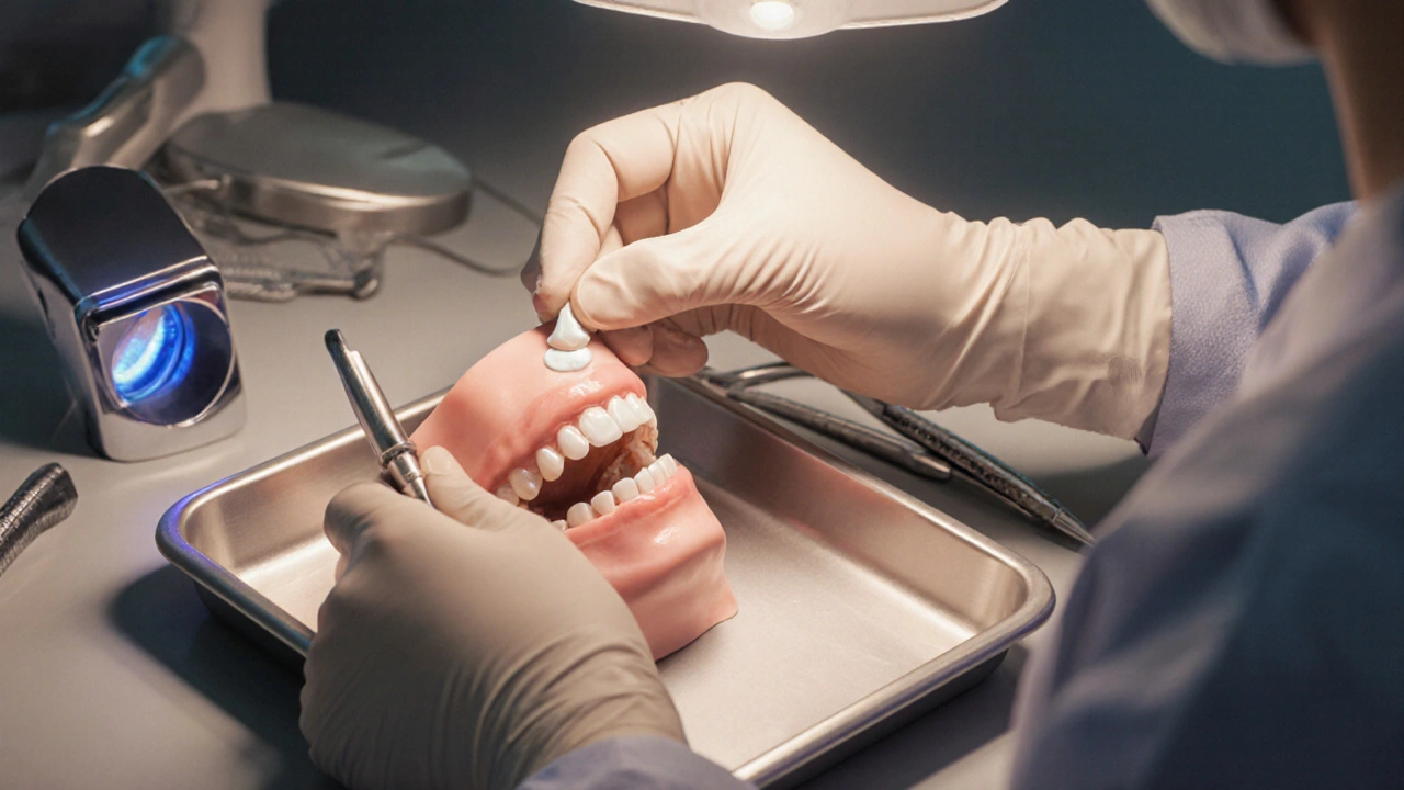 Dentista aplikující zubní cement na výplň pod osvětlením operace.