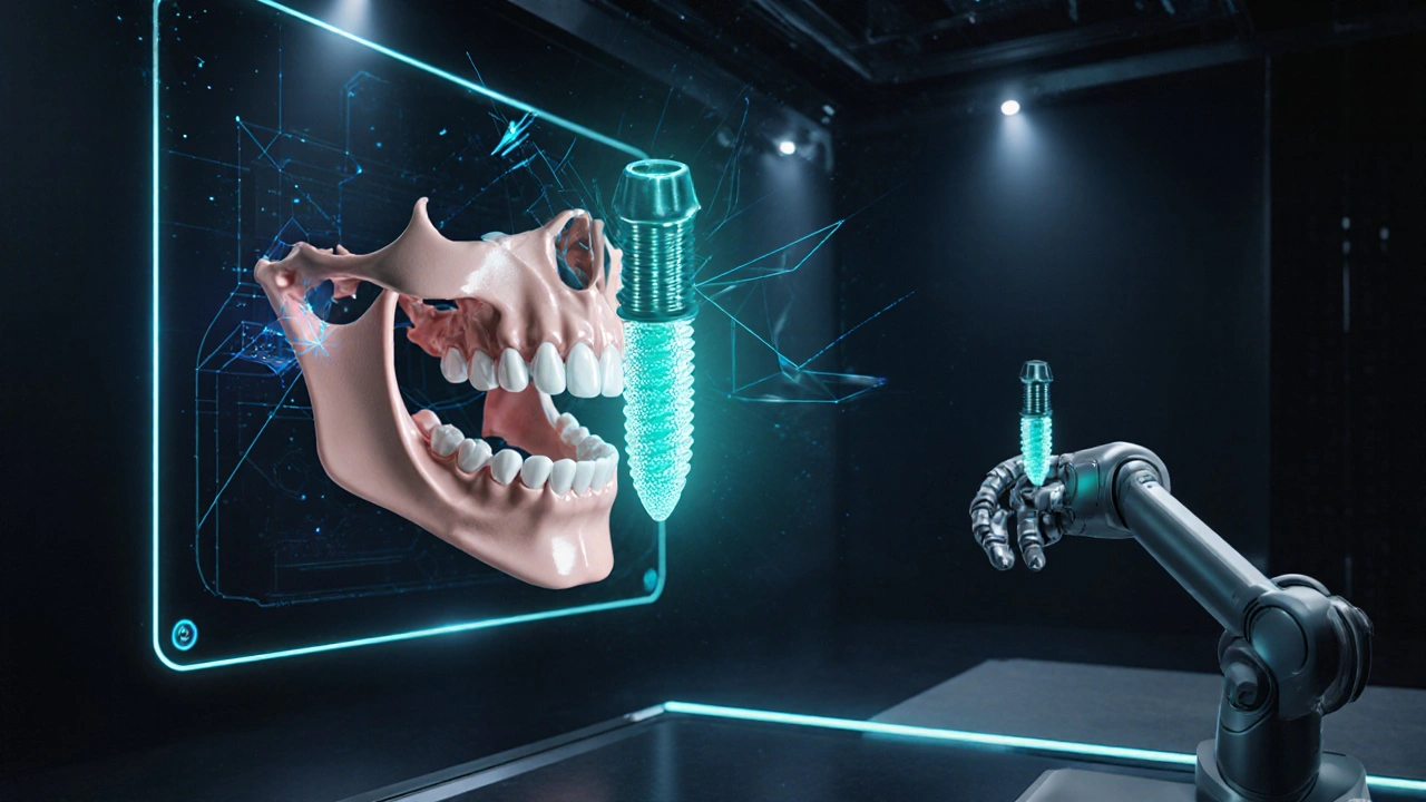 Futuristické AI plánování implantátu s hologramem čelisti a zářivým bioaktivním implantátem ve scéně.