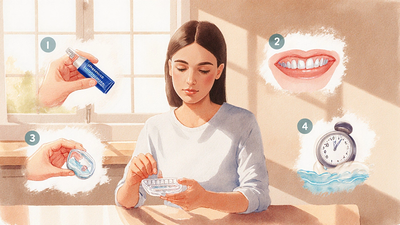 Ilustrace domácího bělení: pacient vkládá gel do podnosu, okolní kroky v akvarelu.