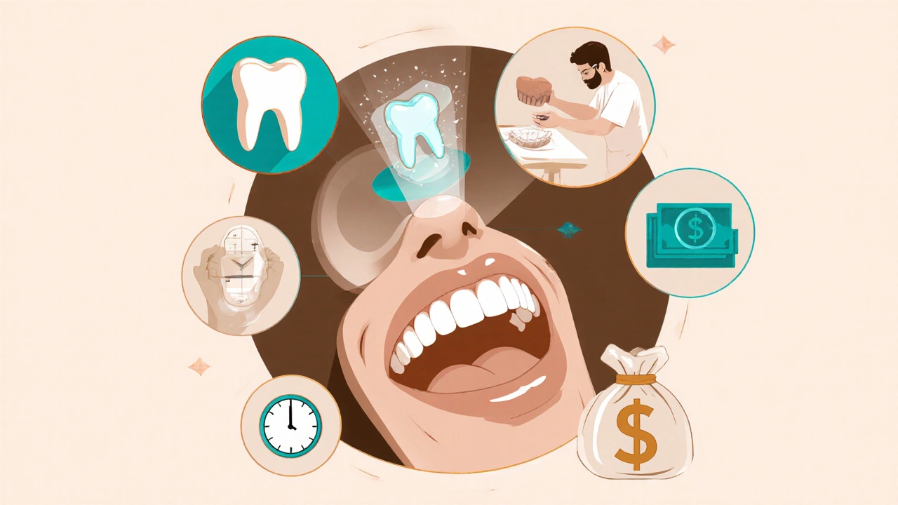 Ilustrace faktorů nákladů: scanner, laborant, čas a peníze kolem zubní židle.