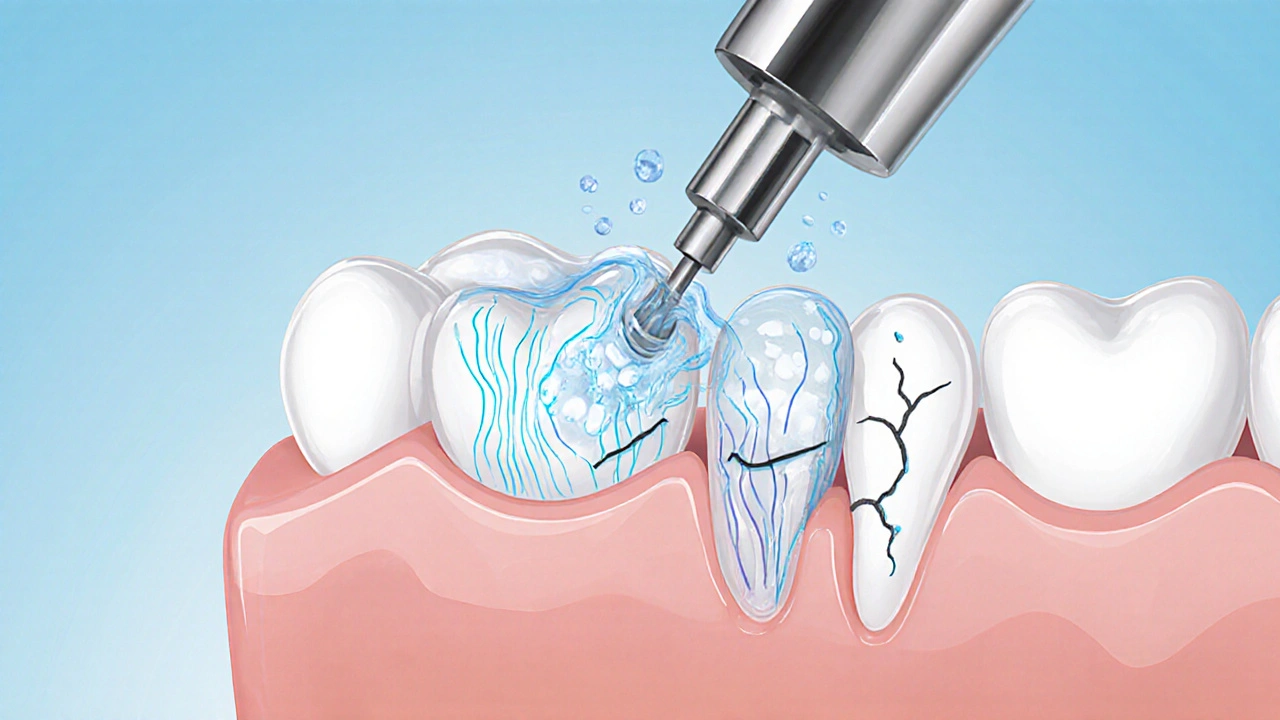 Křížový řez ultrazvukové špachtle ukazující rozklad zubního kamene.