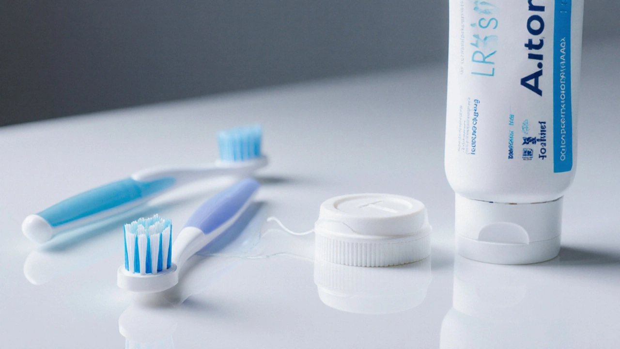 Nástroje pro péči o fixní rovnátka: kartáček, nit s háčkem, pasta a vosk.