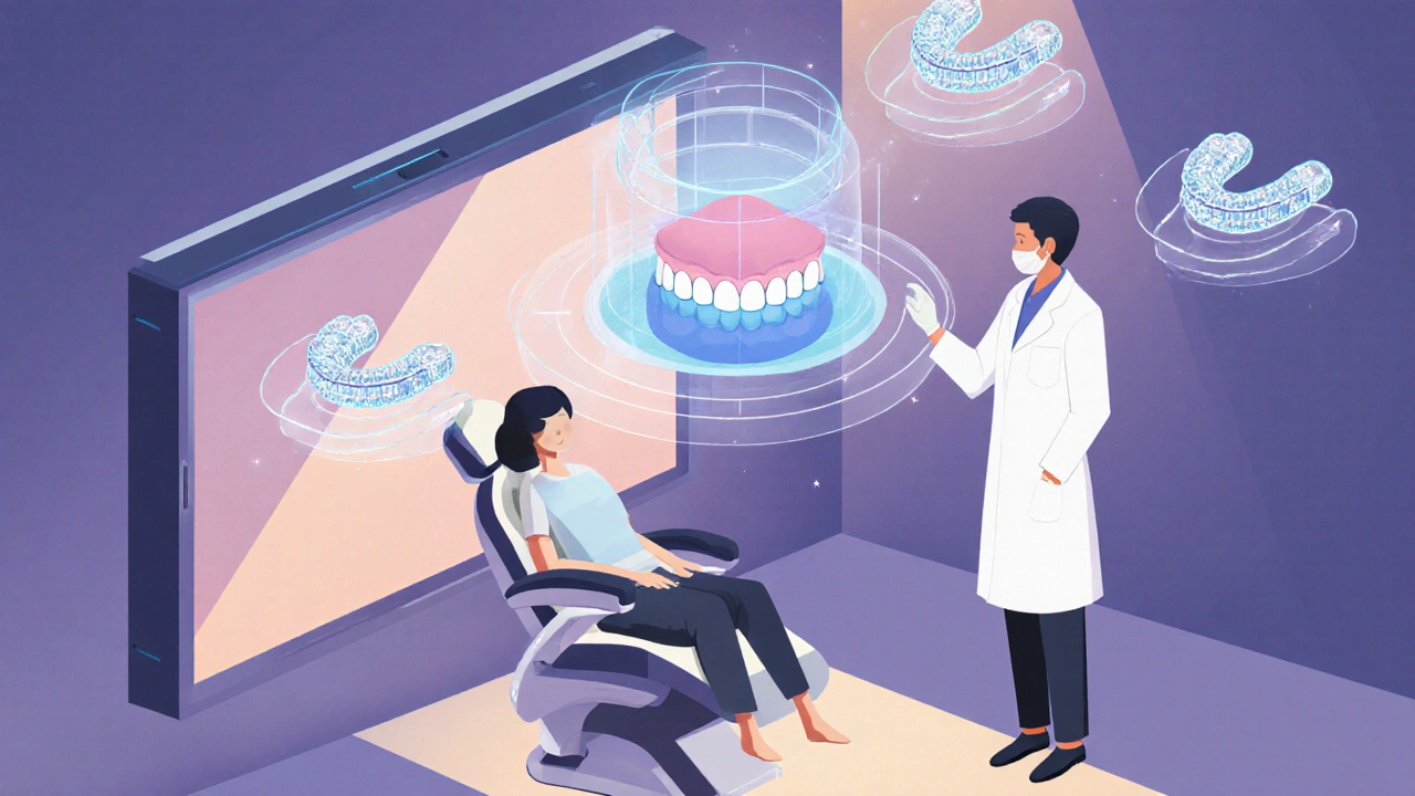 Ortodonta v moderní klinice ukazuje 3D hologram zubů s obletovými průhlednými rovnáky různých značek.