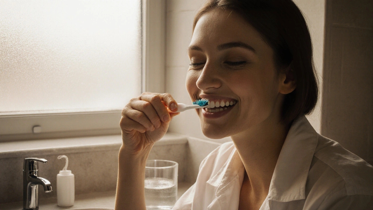 Osoba čistí zuby po nasazení fazet, ve světle koupelny se zábleskem na zubech.