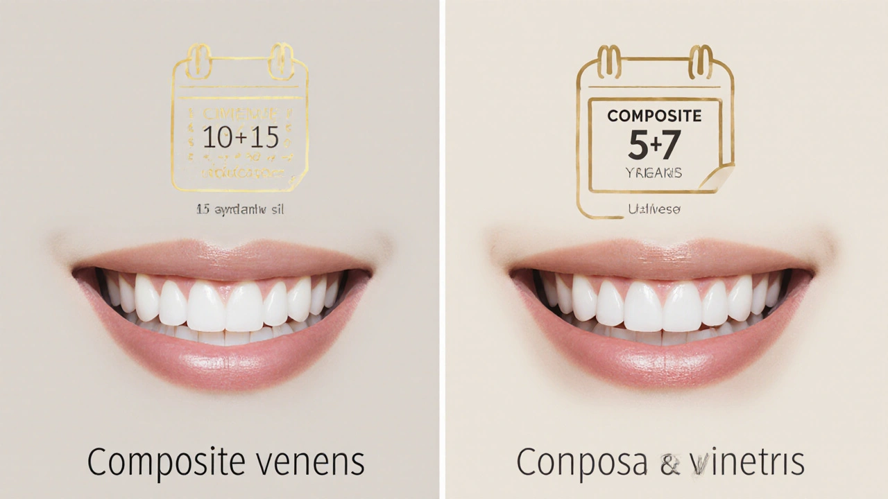Porovnání dvou úsměvů: kompozitní fasety vs. porcelánové, s náznakem životnosti.