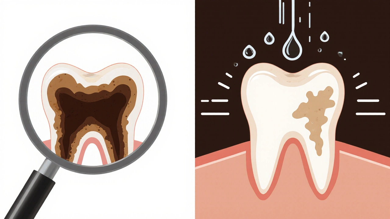 Porovnání zubu s kávovými skvrnami a po čištění sonickým kartáčkem.