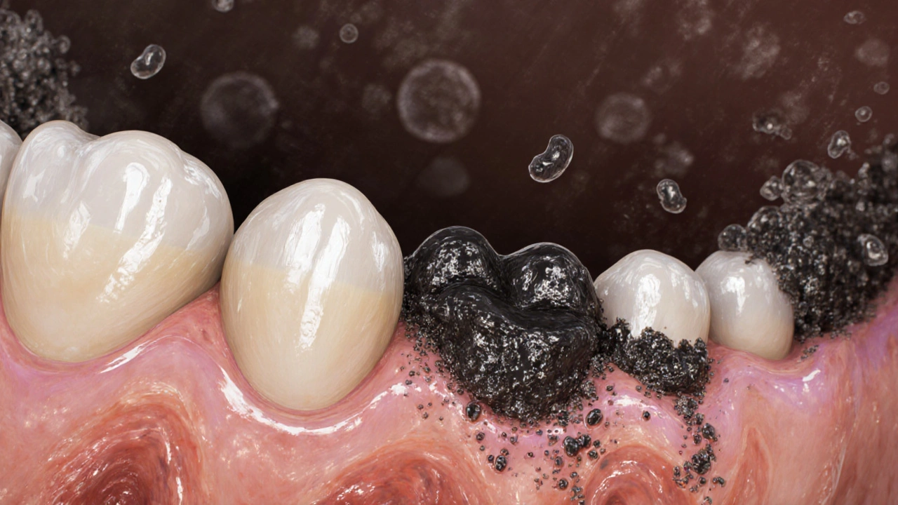 Přehled zubů s černým zubním kamenem a zánětem dásní, s bakteriemi a ztrátou kosti.