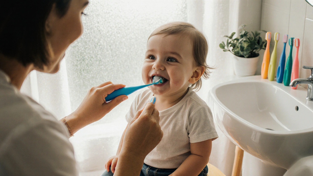 Rodič čistí zuby dítěte v jasně osvětlené koupelně s fluoridovou pastou.
