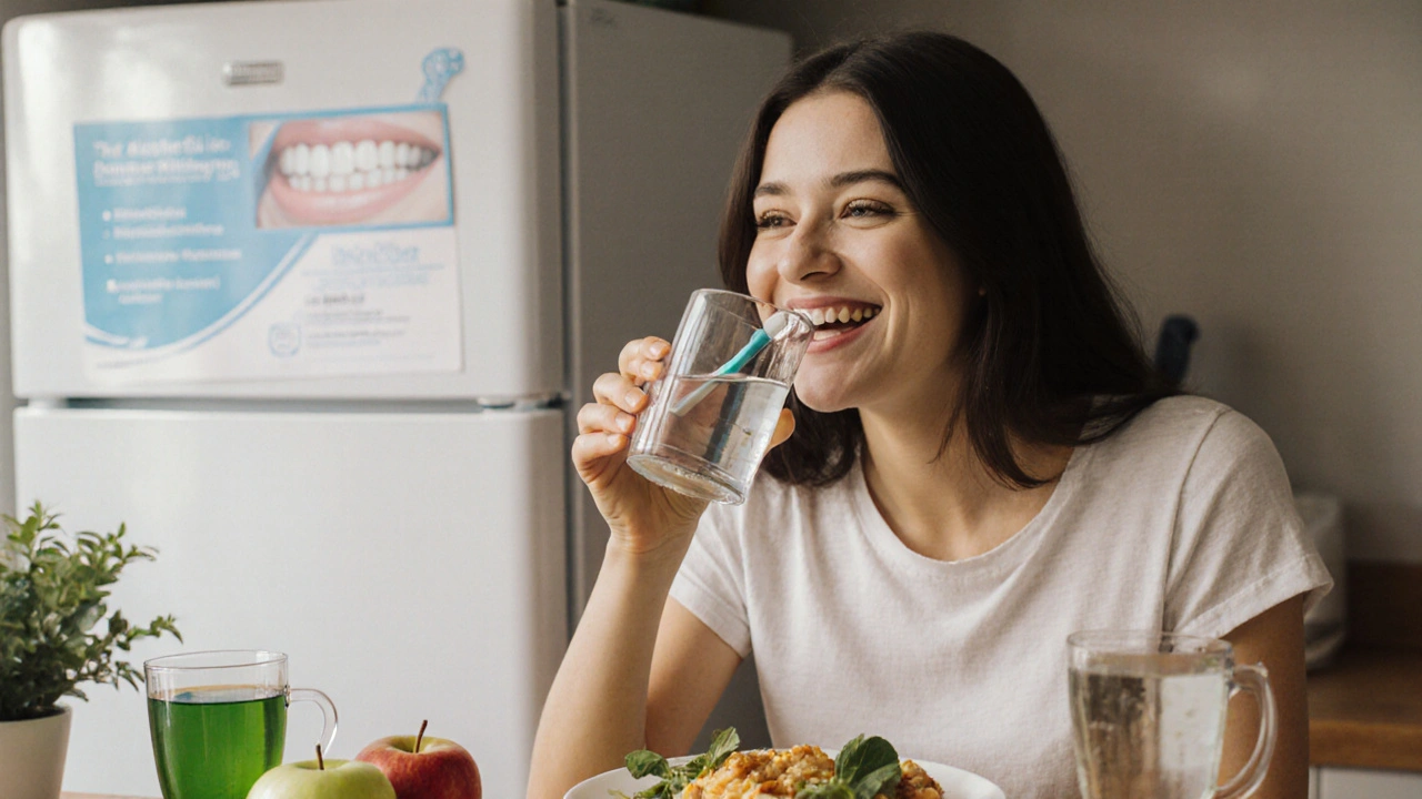 Žena se usmívá, pije vodu a drží zubní kartáček s dobrými návyky.