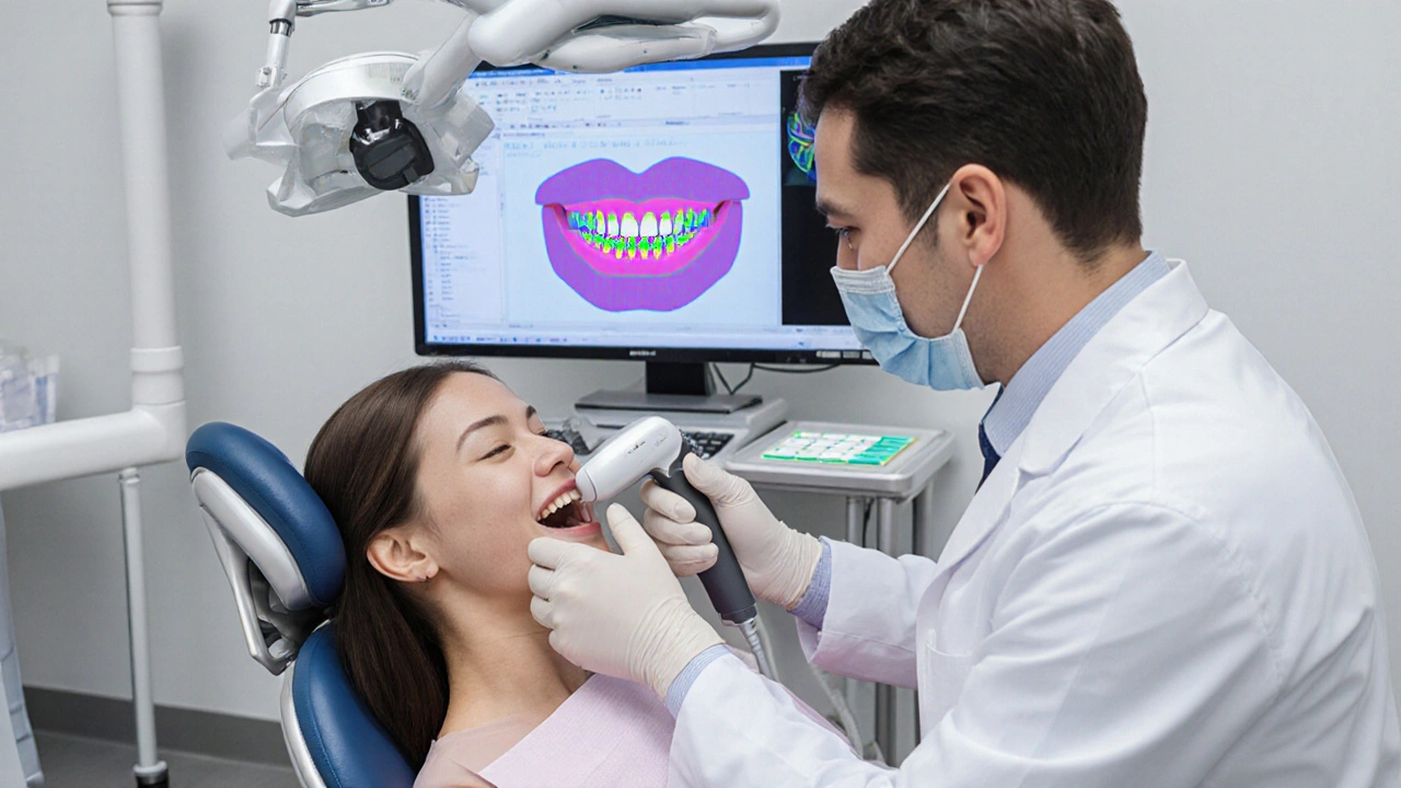 Zubař používá intraorální skener, na monitoru 3‑D model úsměvu v moderní ordinaci.