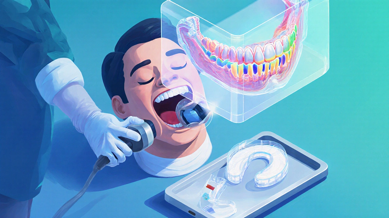 Zubař používá intraorální skener, nad ústy se vznáší 3D model čelisti a tisknutý chirurgický vodící nástroj.