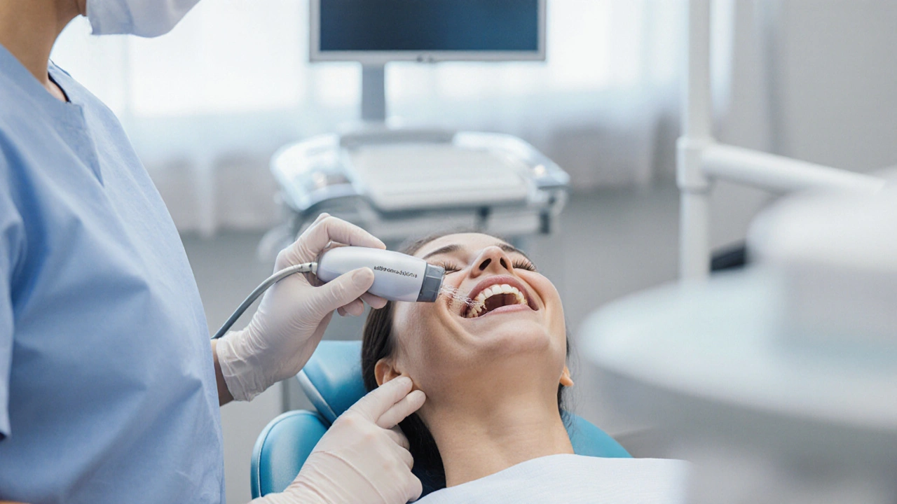 Zubní hygienistka ukazuje správné použití ultrazvukového nástroje na zub.