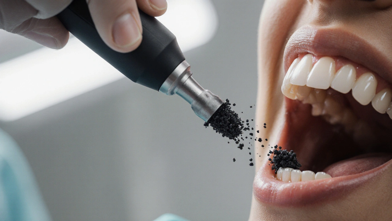 Zubní lékař odstraňuje černý kámen ultrazvukovým přístrojem v ordinaci.