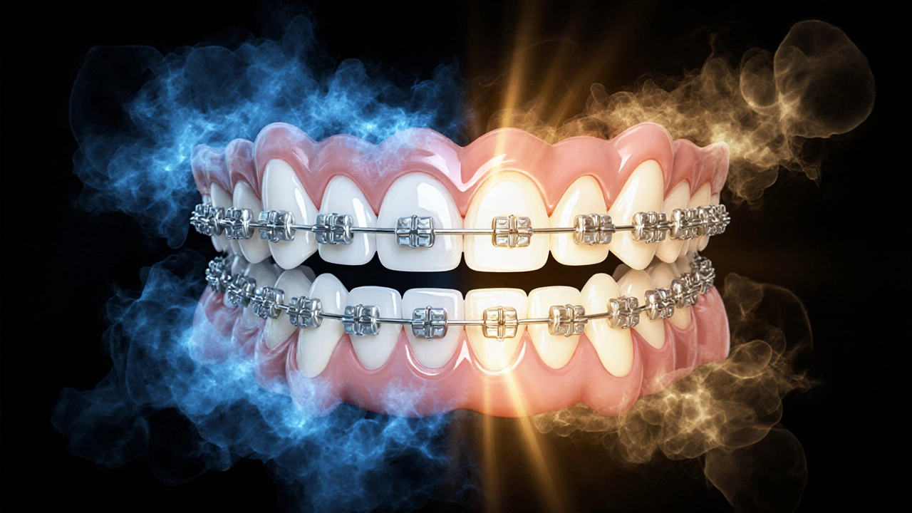 Zuby s rovnátky v kontrastu mezi škodlivým plakem a zdravou sklovinou.