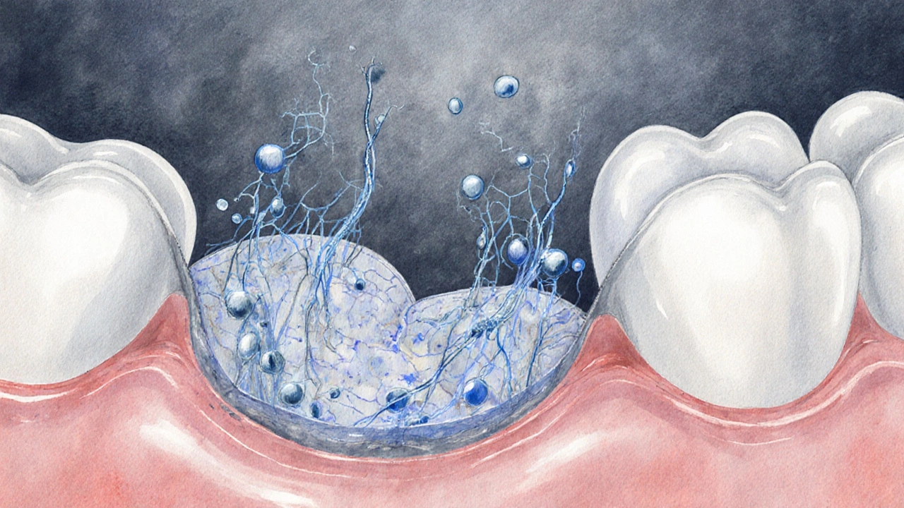 Zvětšený pohled na zubní emal, která se tenčí při častém bělení.