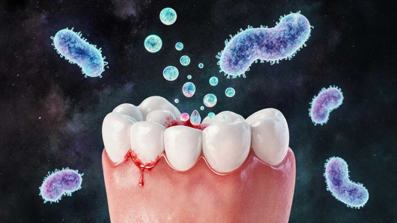 Bakterie Streptococcus mutans přeměňují cukr na kyselinu nad povrchem zubu.