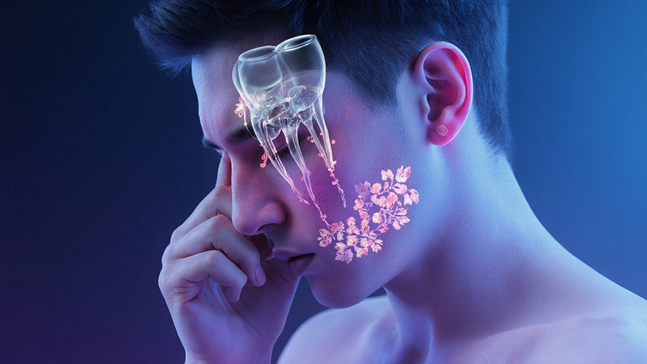 Bolest z předního trháče se šíří do ucha a čela, znázorněna průhlednými čarami.