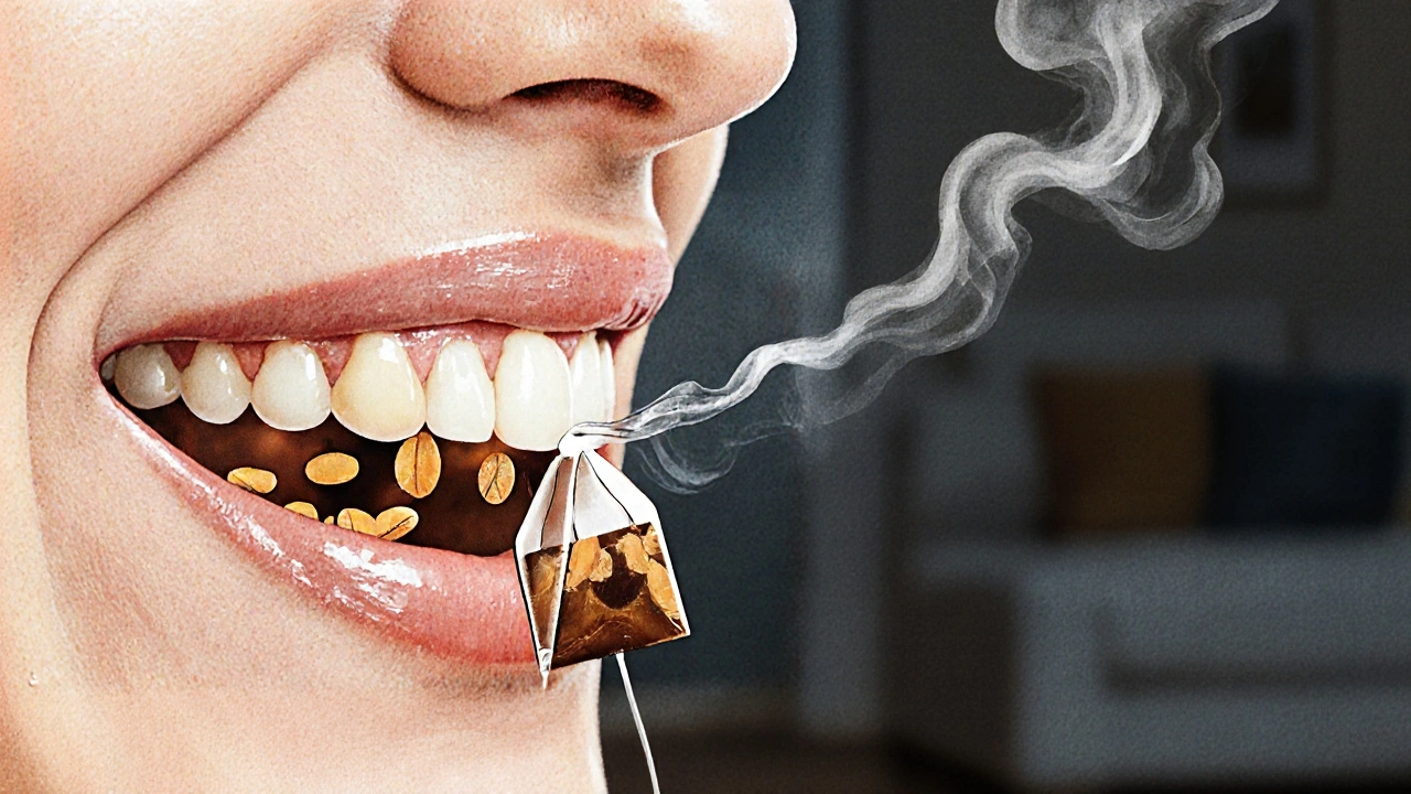 Černý čajový sáček přitlačený k oteklé dásni.