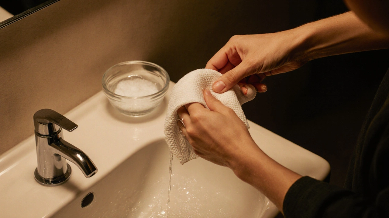 Čištění zubů mokrým papírovým hadříkem kolem prstu.