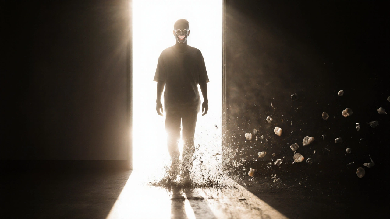 Člověk krokem z temnoty do světla s novým úsměvem.