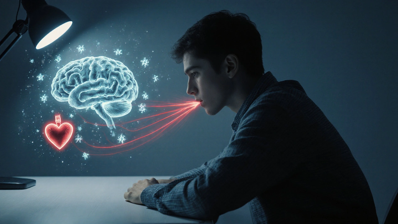 Člověk s únavným výrazem, z něhož vycházejí signály zánětu z úst