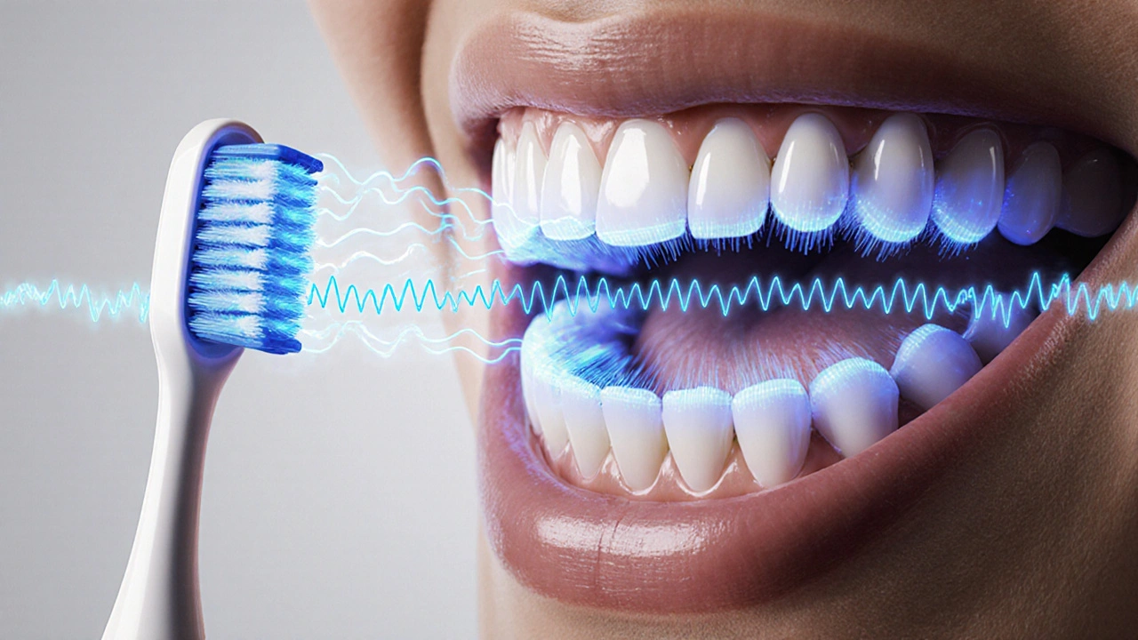 Cross-section of mouth showing sonic waves breaking down plaque between teeth and gums.