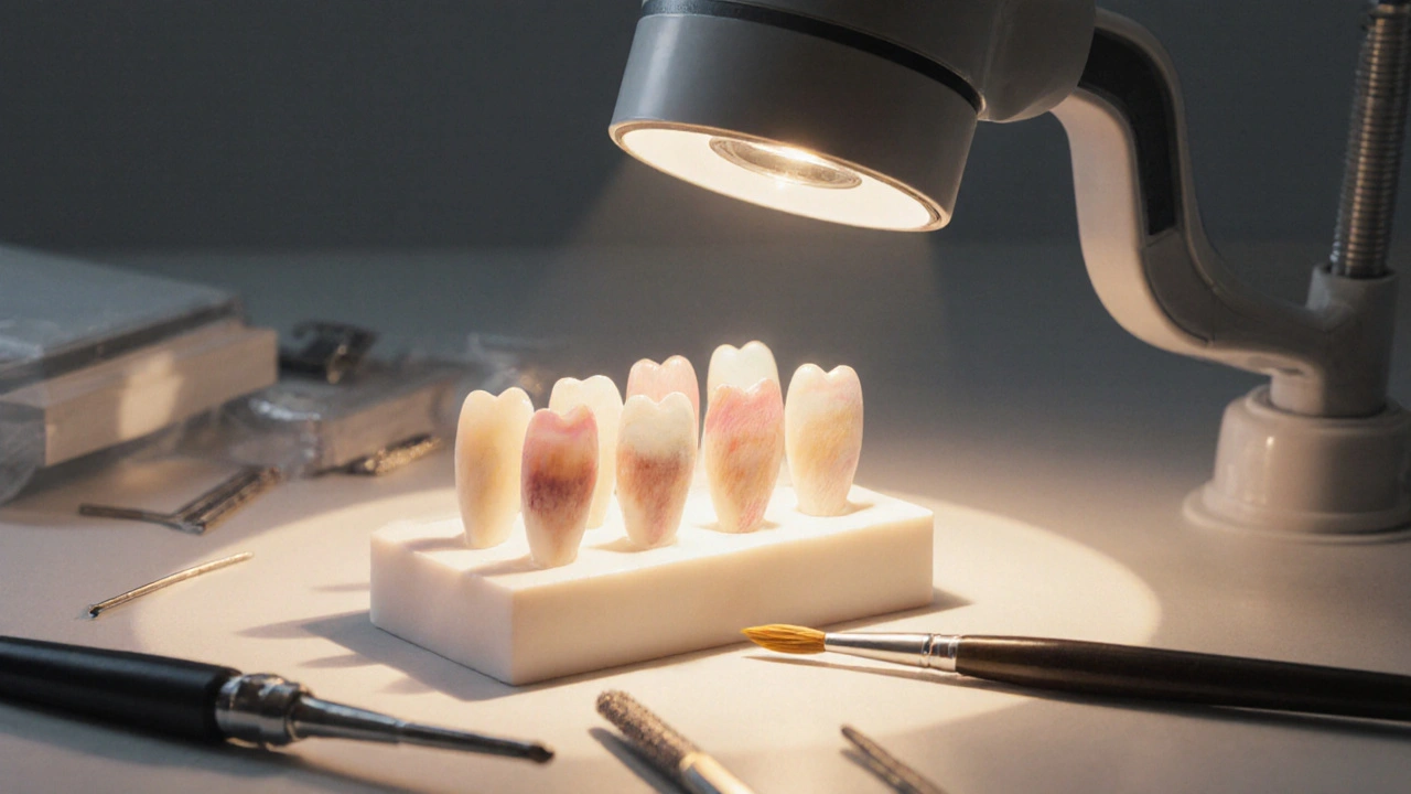 Dentální technik vyrábí tenké keramické fazety pod mikroskopem.