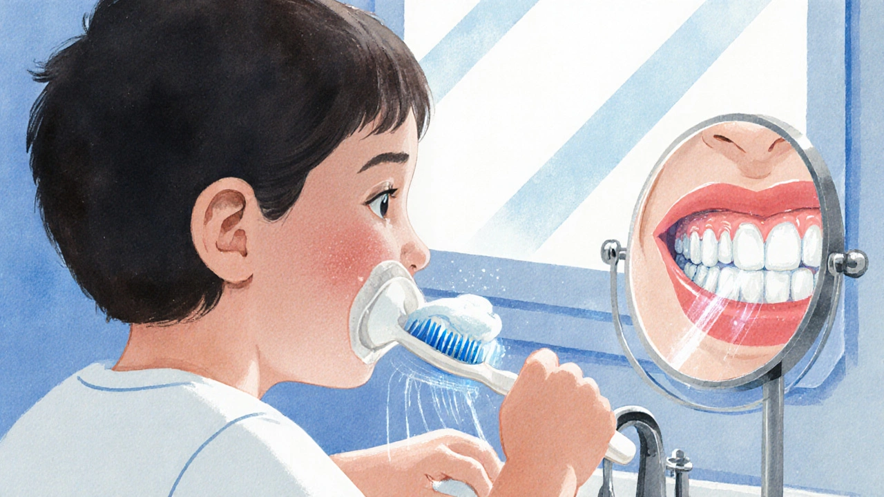 Dítě čistí zuby fluoridovou pastou, zářící ochrana se tvoří mezi zuby.