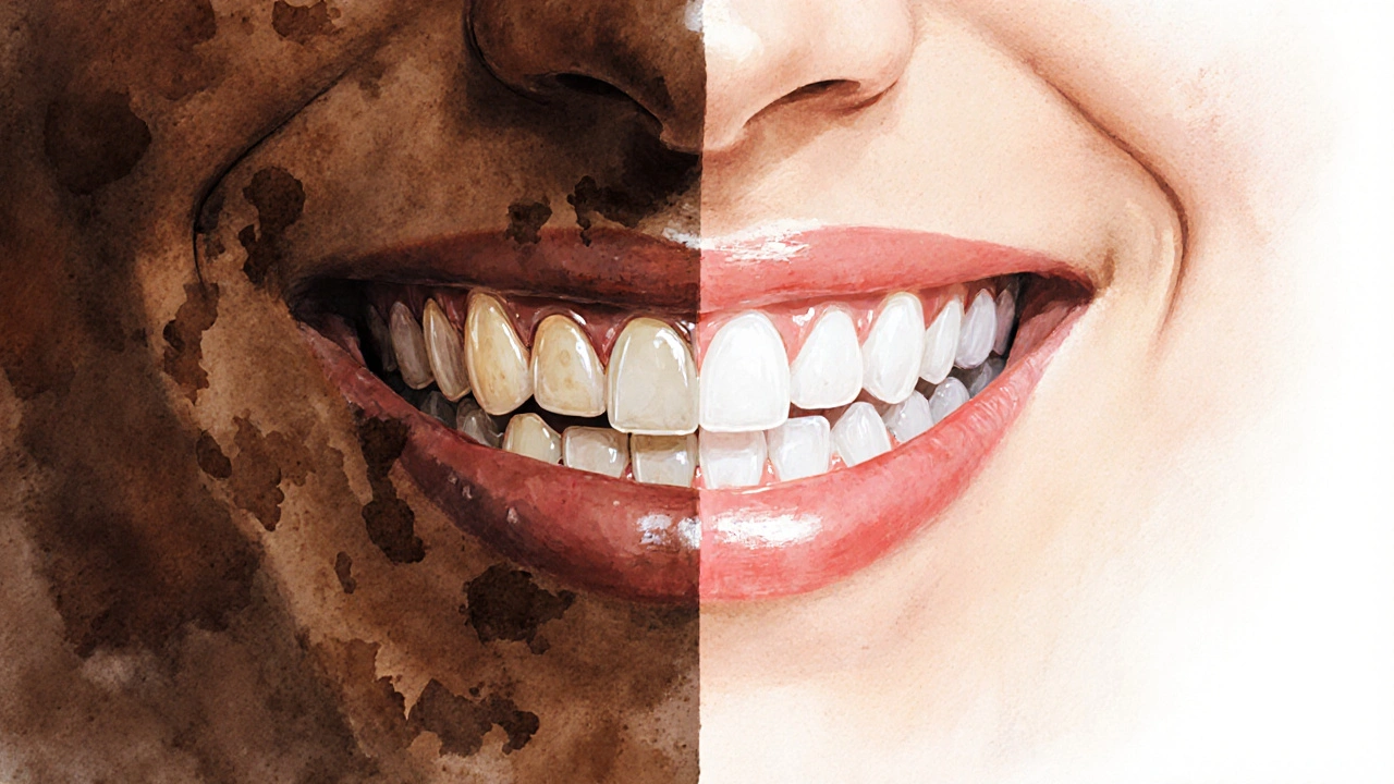 Dvě verze zubů: tmavě zabarvené vlevo, bělající se vpravo, symbolizující transformaci.