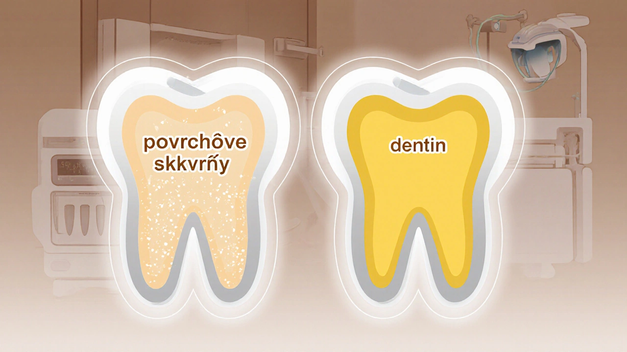 Dvě zuby: jeden s povrchovými skvrnami, druhý s odhaleným dentinem