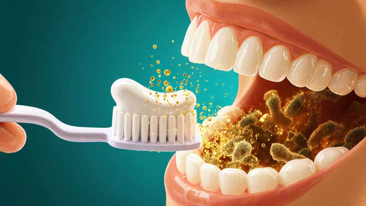 Fluoridové částice pronikají mezi zuby a chrání sklovinu před bakteriemi.