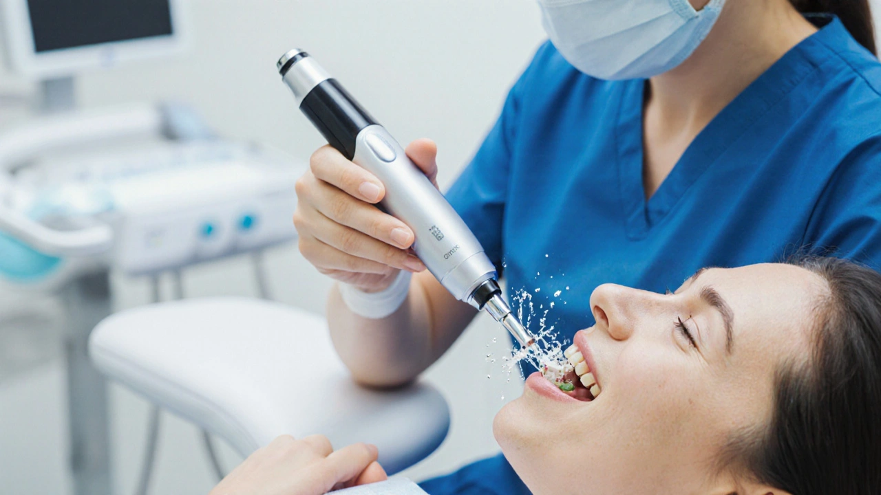 Hygienistka odstraňuje zubní kámen pomocí ultrazvukového nástroje.