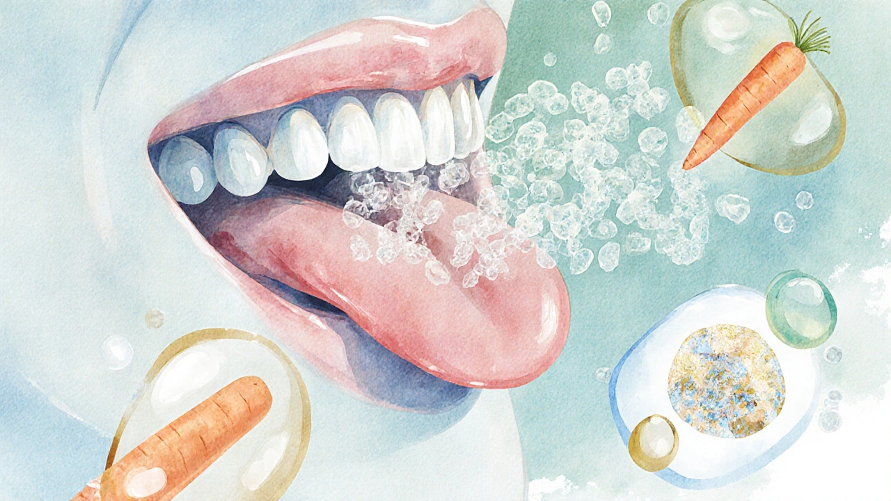 Jazyk jemně čistí povrch zubů, symbolizující přirozenou ochranu úst.