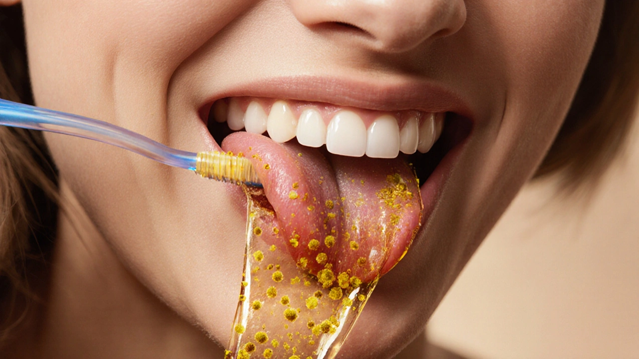 Jazyk se pohybuje po stropu úst během čištění zubů, slina čistí zuby a dásně.