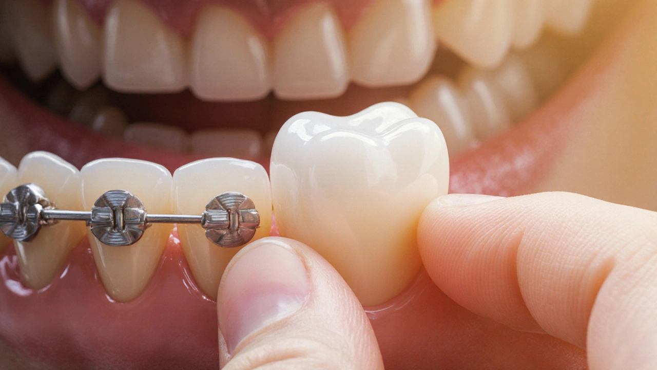 Keramická vložka je vkládána do zubu, obnovující jeho tvar a funkci.