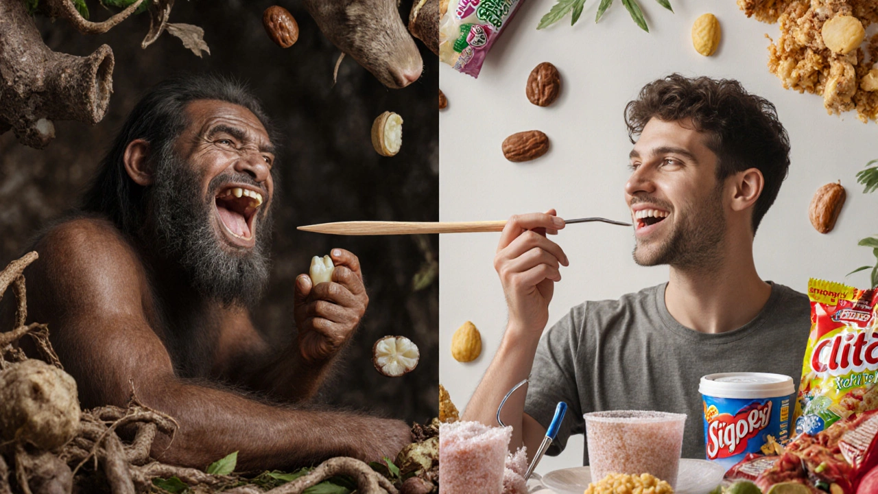 Kontrast mezi zdravými zuby neandrtálce s přirozenou stravou a zuby moderního člověka s cukrem.