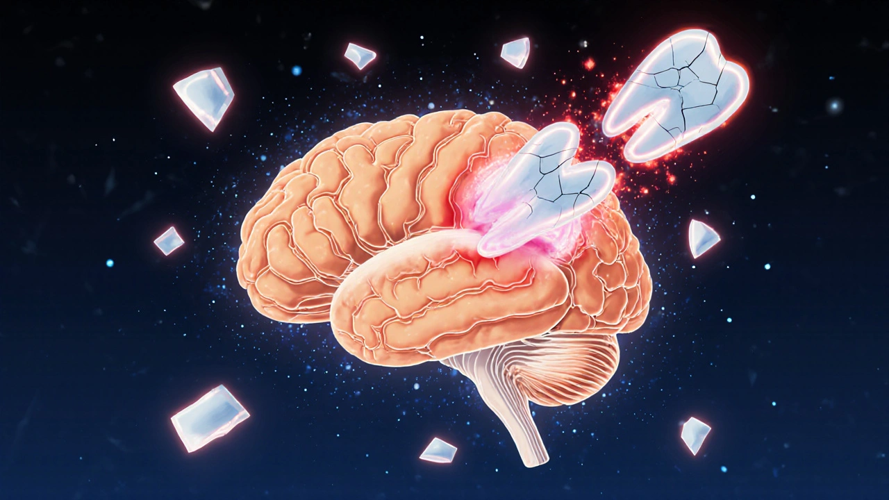 Křížový řez lidského mozku s bolestivými signály z prasklého zubu přetěžujícími oblasti soustředění.