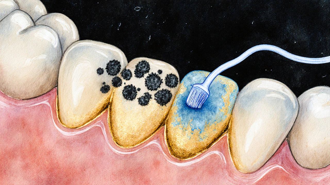 Mikroskopický pohled na plak mezi zuby a floss, který ho odstraňuje.