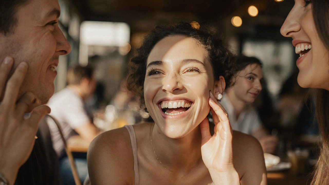 Muž se směje v kavárně, jeho přirozeně bílé zuby září v slunečním světle.