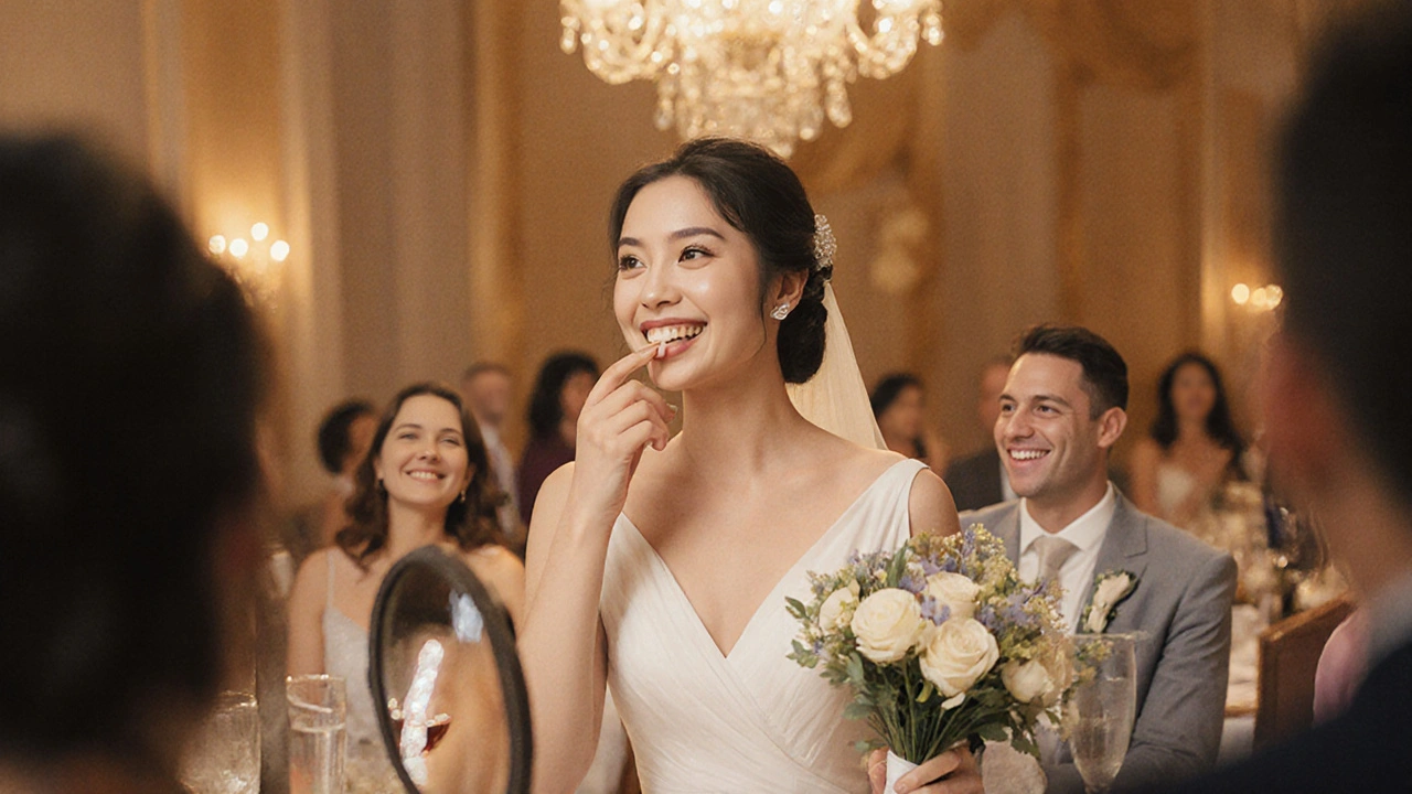 Nevěsta se dotýká rtů na svatbě, její dokonalý úsměv osvětlený svíčkami.