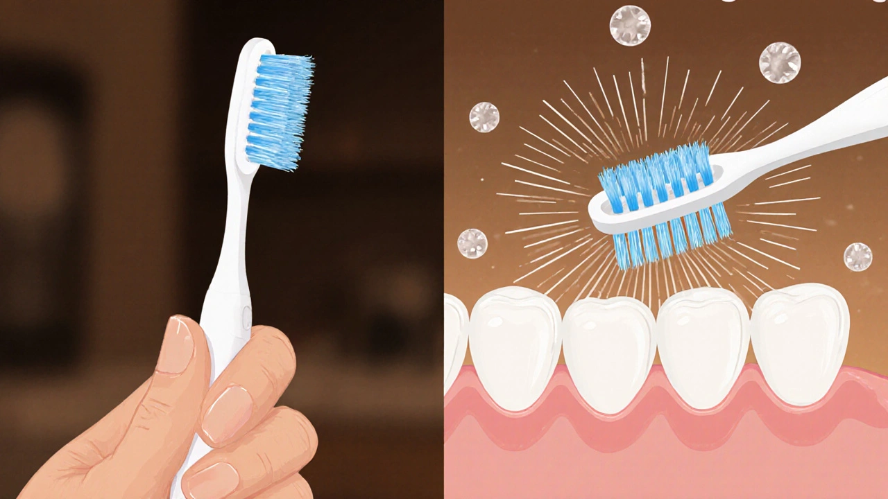 Porovnání ručního a sonického kartáčku s viditelným odstraněním plaku.