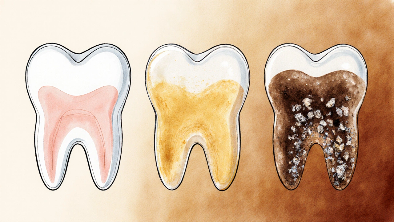 Postupný vývoj zubního kamene od plaku k tvrdému kameni na předních zubech