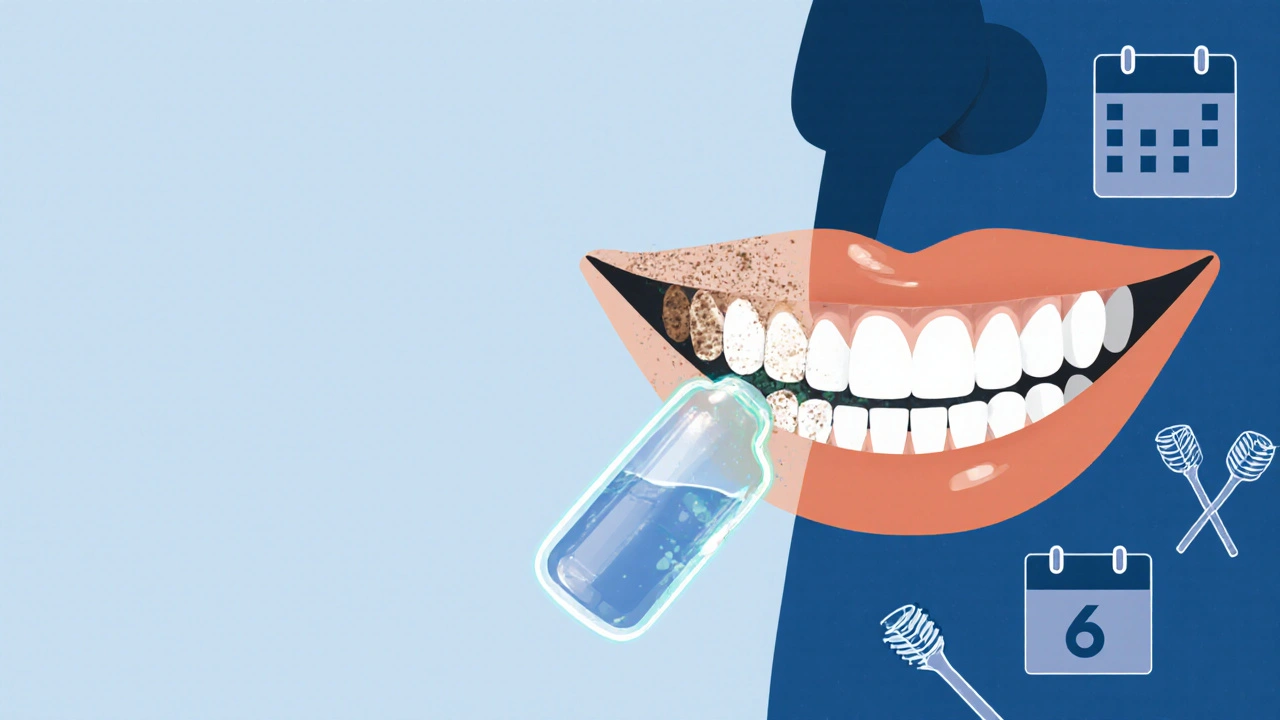 Před a po transformaci zubů po profesionální hygieně s fluoridovou ochranou.