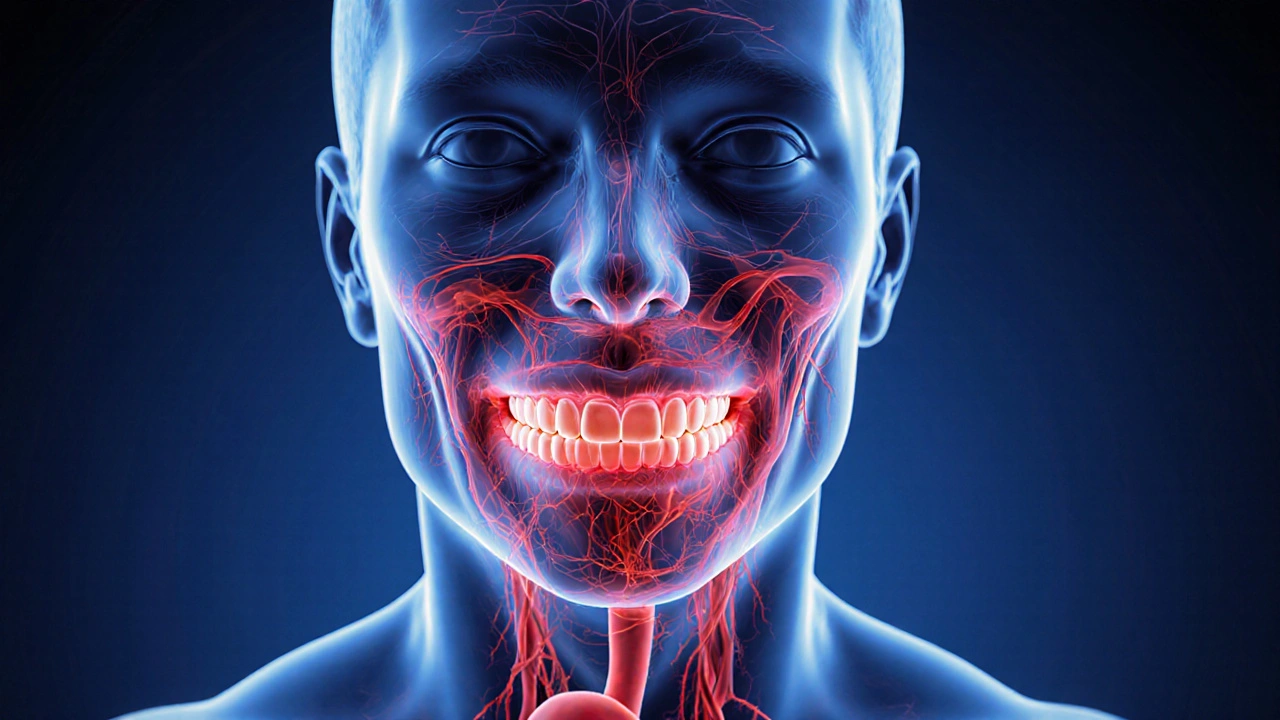 Přehledné znázornění spojení zánětu dásní s celkovým zdravím.