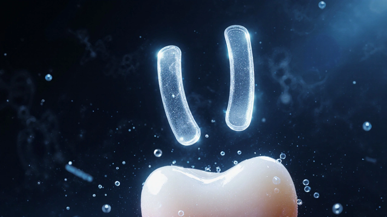 Průhledné nalepovací zuby ve vzduchu s mikroskopickými částicemi lepidla, biokompatibilní materiál.