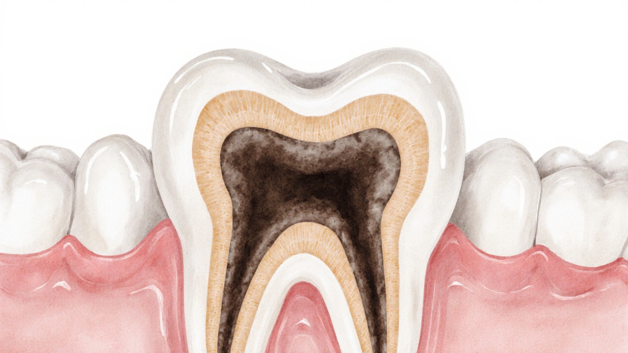Průřez zubem s postupujícím kazi od skloviny k pultě, znázorněný tmavým vstupem.