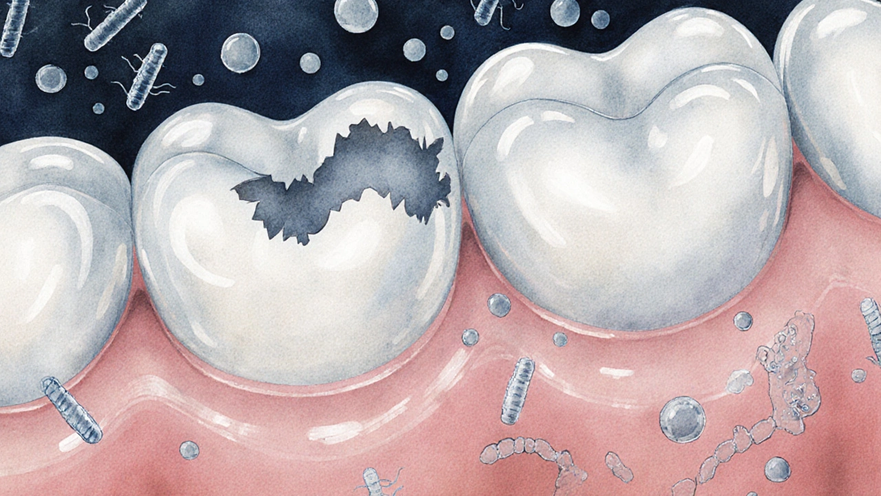 Průřez zubu s počáteční demineralizací a kariésou, znázorněný v vodové barvě.