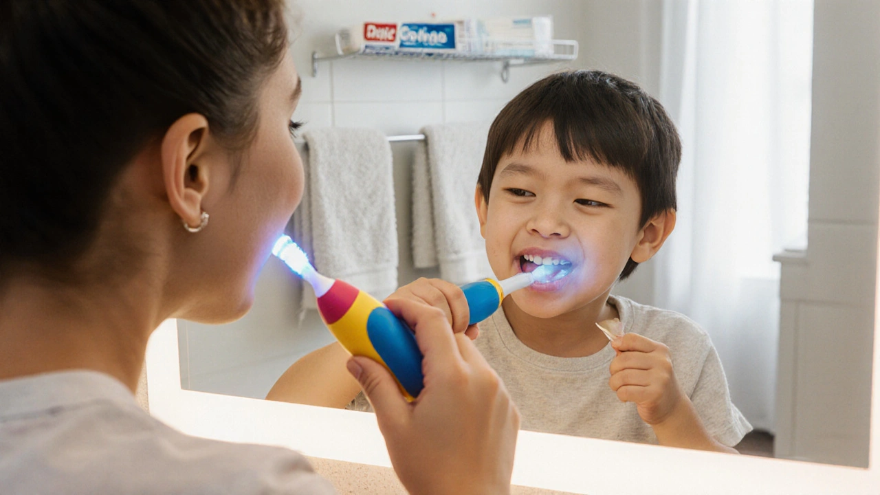 Rodič a dítě společně čistí zuby s dětským sonickým kartáčkem v koupelně.