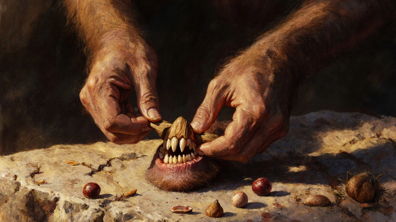 Ruce neandrtálce používají dřevěnou tyčinku k čištění mezi zuby na kamenité ploše.