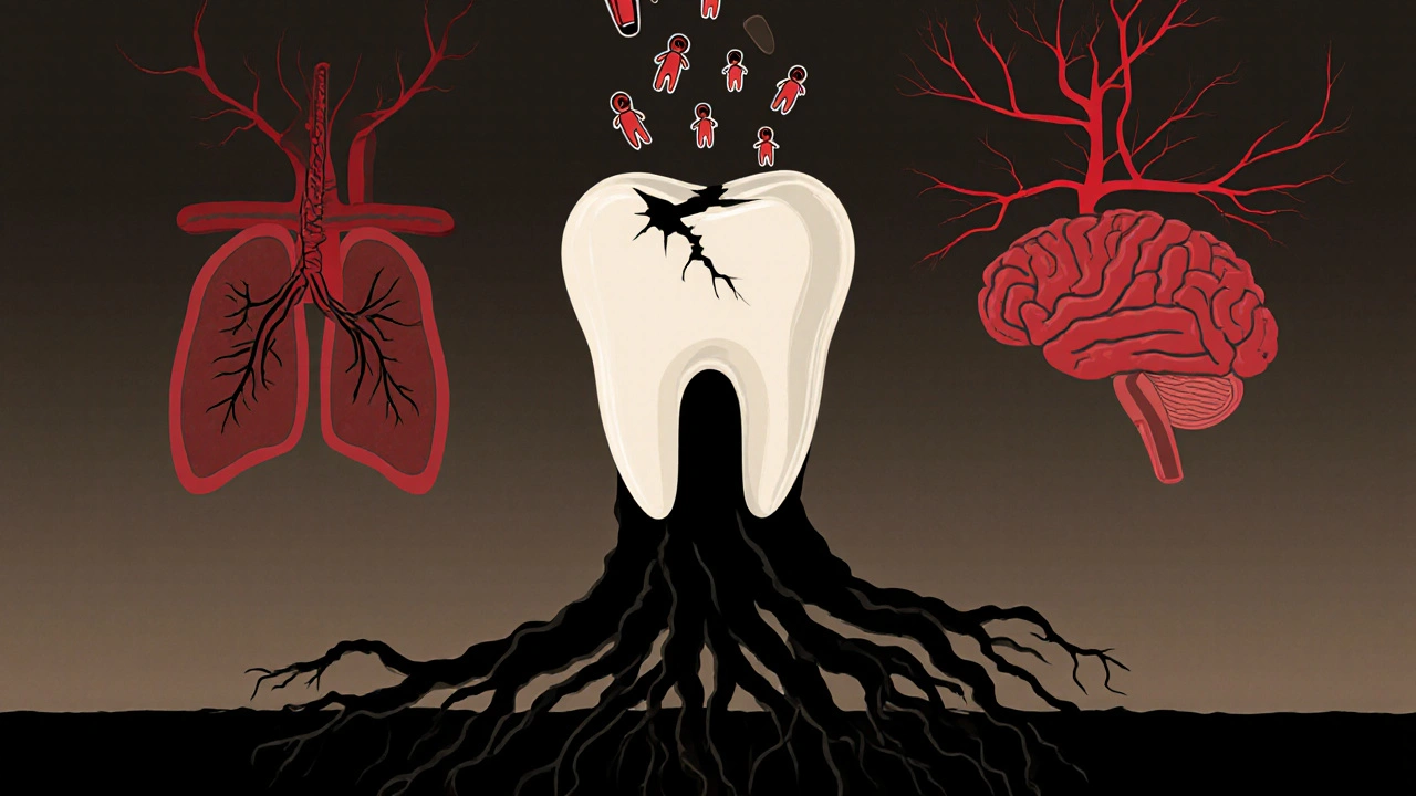 Symbolický obraz zubního kamene jako kořenů poškozujících čelist a tělo